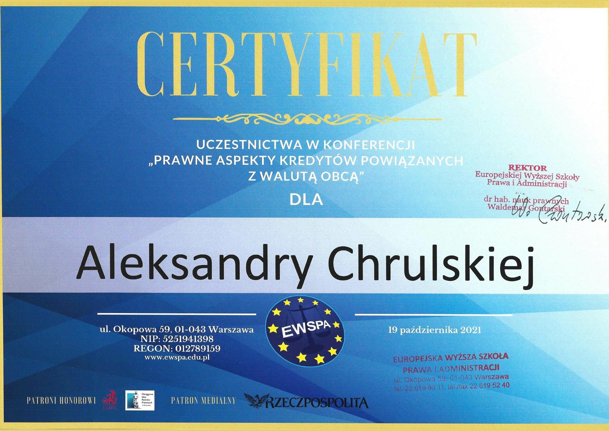 Certyfikat konferencja_kredyty frankowe_